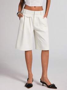 SHEIN BAE Quần short Bermuda rộng thùng thình cho nữ với màu trắng kem trơn giản dị dạo phố đi làm hàng ngày đa năng cạp thấp túi eo đôi trang trí quần ống rộng dài vừa phải, quần mùa hè - trắng - Xem 5
