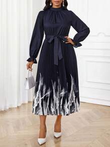 SHEIN Lady Leopard Print Dress Pleated A-Hem Long Dress For Women - Navy Blue - View 4