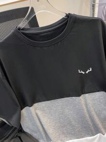 SHEIN 青少年男孩拼布撞色小花卉印花短袖 T 恤和短裤套装，休闲、校园、旅行、运动、日常、度假，柔软舒适