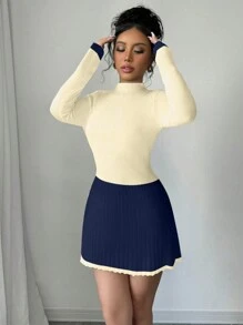 Calvaya New Autumn/Winter Retro Minimalist Splice Fitted Slim Knitted Sweater Dress For Women