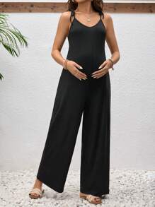 SHEIN Maternity Solid Color V-Neck Sleeveless Casual Loose Jumpsuit - Black - View 1