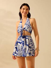 CAJUNI 女式露背波西米亚热带植物蓝白墨水假日休闲夏季剪裁上衣 - 彩色 - 查看 6