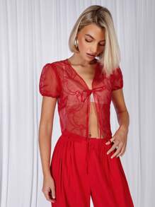 COSMINA Blusa casual de manga corta con amarre delantero y tela transparente para uso diario