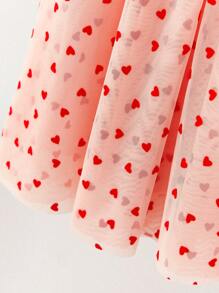 THE HAPPY LOOK Young Girls Round Neck Short Sleeve Babylock Knit Patchwork Heart Pattern Mesh Pink Dresses, Suitable For Spring For Valentine's Day