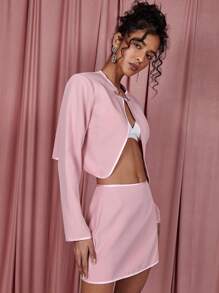 COSMINA 2 件女式纯色长袖夹克和 A 字裙，简约时尚休闲日常穿着 - 藕粉色 - 查看 3