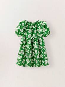 THE HAPPY LOOK Young Girls Vacation Casual Lucky Clover Print Puff Sleeve Dress