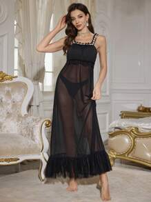 Camisón de malla transparente con encaje de contraste sexy - Negro - Ver 5