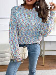 SHEIN LUNE Áo len nữ cổ tròn tay dài đơn giản, kiểu dáng thường ngày, thích hợp mặc mùa thu đông. - Màu xanh lam - Xem 4