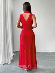 Elenzga 女士优雅 V 领腰部褶皱蕾丝细节吊带连衣裙，秋冬 - 紅色 - 查看 2