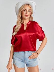 SHEIN LUNE 情人节女士红色露肩衬衫 - 紅色 - 查看 2