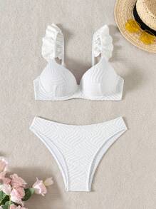 Summer Solid Color Textured Fabric White Pushup Halter Neck Women Bikini Set