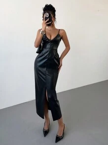 SHEIN Essnce Women's Solid Color Spaghetti Strap Slit Hem Fitted Long Dress - Black - View 8