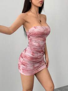 SHEIN PETITE Sfumato 漸層網格印花女款抹胸派對迷你洋裝，夜店洋裝，夏季女款洋裝，馬卡龍色系女款洋裝，適合嬌小女性 - 粉色 - 查看 4