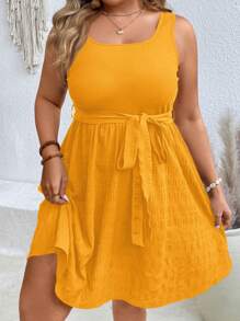 SHEIN VCAY Plus Size Curve Summer Sundress Yellow Sleeveless Tie-Waist,Vacation Outfits Woman - Yellow - View 1