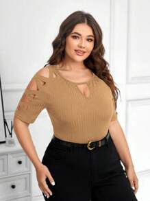 SHEIN Clasi Plus Size Solid Color Simple Fashion Casual Everyday T-Shirt - Khaki - View 4