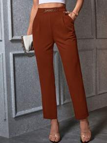 SHEIN Privé Women's Solid Color Metal Decor Pocket Casual Pants, Simple Design - Brown - View 1