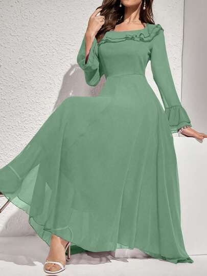 Modelyn 女士优雅纯色喇叭袖荷叶边下摆连衣裙，秋季长款女装