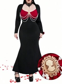 Whyspr Goth Punk Plus Size Women Square Neck Faux Pearl Chain Decor Colorblock Long Sleeve Vintage Elegant Party Dress,Valentine - Black - View 1