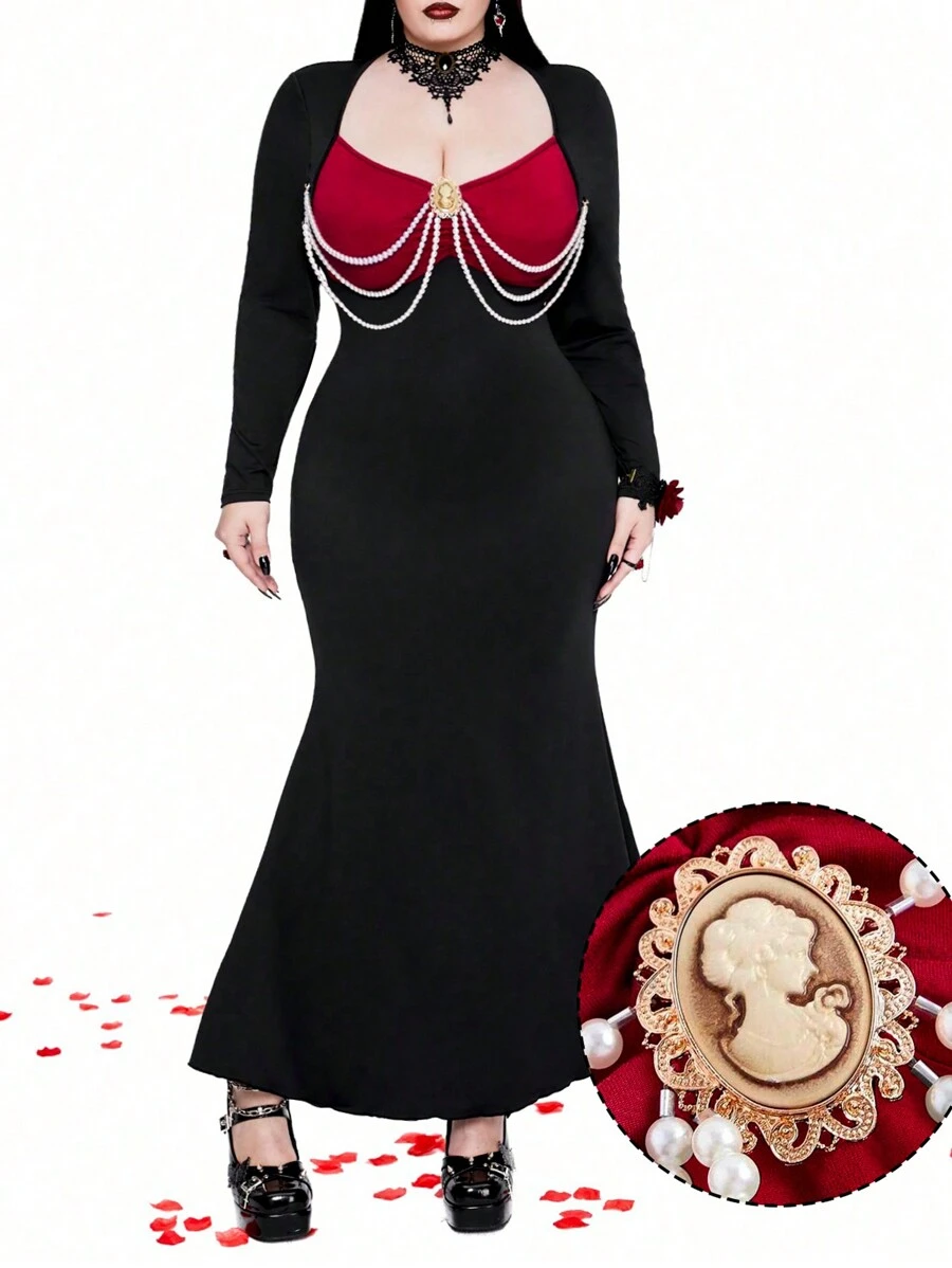 Whyspr Goth Punk Plus Size Women Square Neck Faux Pearl Chain Decor Colorblock Long Sleeve Vintage Elegant Party Dress,Valentine - Black - View 1