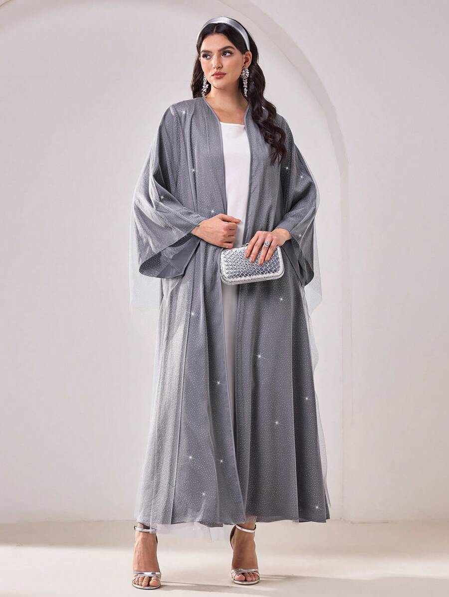 Al Najma 女士优雅银箔网眼阿拉伯长袍 - 灰色 - 查看 1