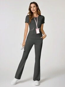 TaskEZ Conjunto de uniforme de scrubs de unicolor, con top de manga corta y pantalones - Gris - Ver 6