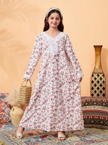 Tween Girl 花卉蕾丝边宽松长袖喇叭裙连衣裙，适合户外聚会，粉色 - 粉色 - 查看 5