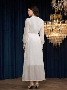 Modelyn 女士纯色长袖长裙，休闲时尚，适合日常穿着 - 白色 - 查看 6