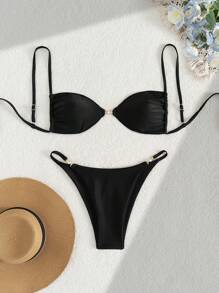 Bộ bikini dây mảnh hở lưng gợi cảm 2 món/bộ màu đen và quần bó cao mùa hè - màu đen - Xem 2