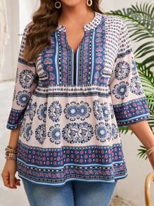 EMERY ROSE 大码V领拼接印花简约休闲衬衫，适合度假女性，夏季穿着 - 彩色 - 查看 4