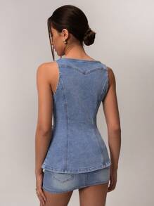 SHEIN Forever 21 女式方领无袖修身休闲牛仔背心，新春季系列 - 藍色 - 查看 2