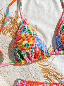 SHEIN Swim 2pcs/Set Women Pink Boho Flower Random Print Halter Strappy Triangle Top And High Waist Bottoms Bikini Summer Beach Vacation Holiday Swimwear - Multicolor - View 4