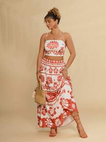 Travachic Plus Size Women Summer Casual Vacation Printed Cami Top & Skirt 2pcs/Set - Orange - View 3