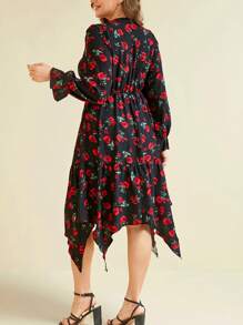 SHEIN Clasi Plus Size Rose Twist Asymmetrical Hem Dress, Women New Year Party Holiday Valentine Modest Dress