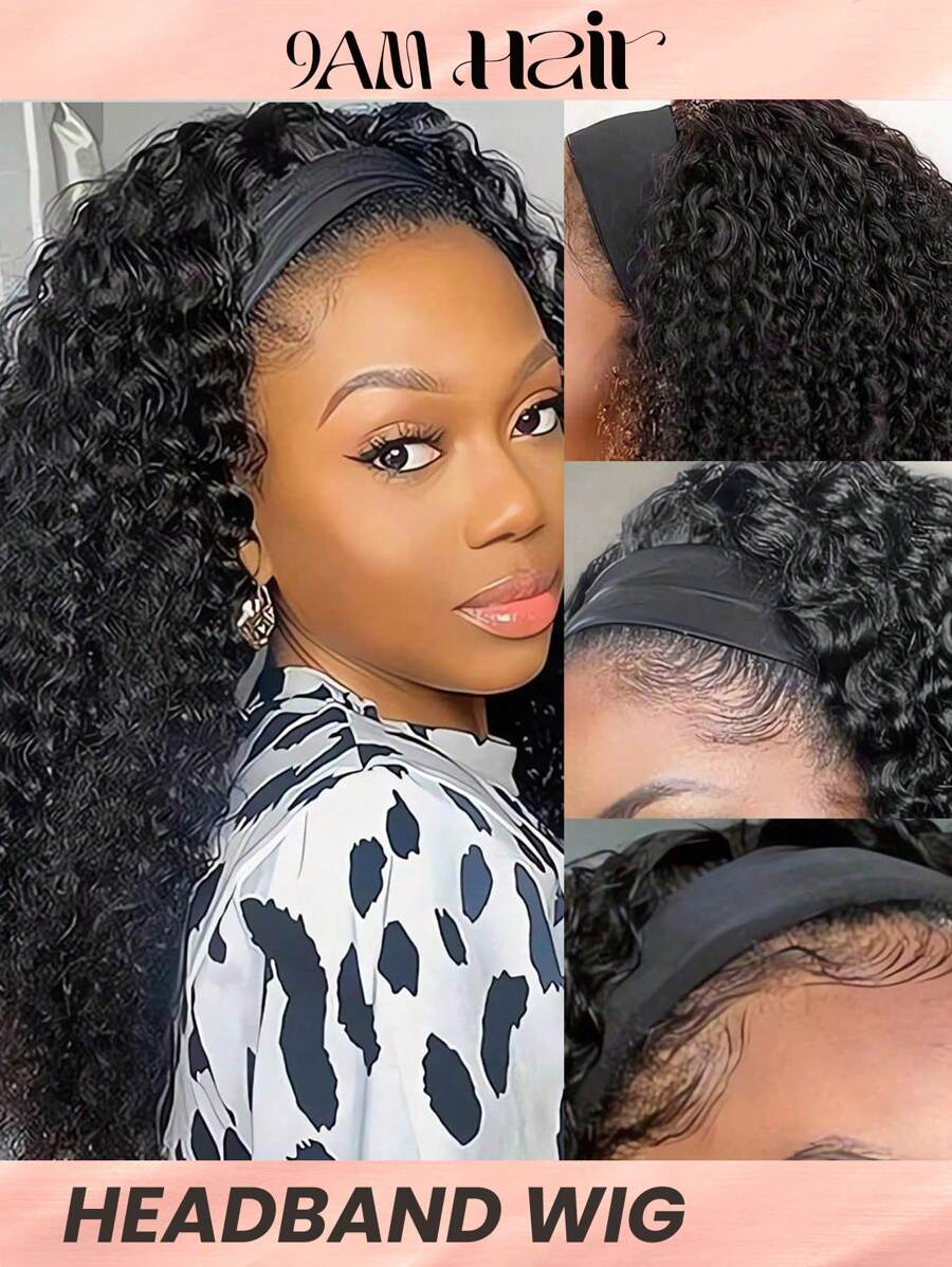 Kinky Curly Headband Wig Human Hair Wig With Head Band  Affordable Hair Replacement Headband Wig Ready Wear To Go Daily Use Natural Black Color