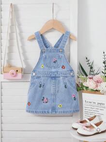 SHEIN Váy yếm denim xanh thêu hoa cho bé gái, váy hoa đồng quê cho bé gái, trang phục lễ hội đi biển cho bé gái - Rửa nhẹ - Xem 3