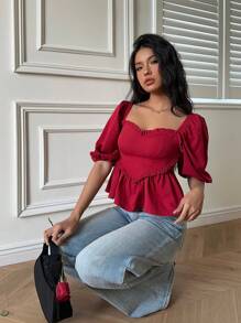 SHEIN Essnce Women's Solid Color Sweetheart Collar Short Sleeve Ruffle Hem Casual Blouse, Red Top