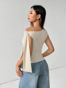 SHEIN PETITE 1pc Women's Solid Color Minimalist Oblique Collar Tied Blouse, Casual Daily Wear