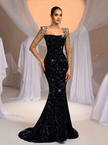 Glamrae فستان ماكسي من الفيلكرو الرائق مطرز باللؤلؤ لامع نصف شفاف أكمام طويلة مناسب للزفاف والحفلات والسهرات والأعياد والسهرات الراقية (بطراز التطريز الثقيل)، فستان حفلة، رقصة، رسمي، سهرة، حفل زفاف - الأسود - مشاهدة 4