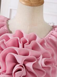 Vestido formal de una sola pieza elegante para niñas con aplicaciones florales de gran tamaño y mangas con volantes, apropiado para recitales de piano, desfiles de moda, fiestas de cumpleaños, estilo princesa