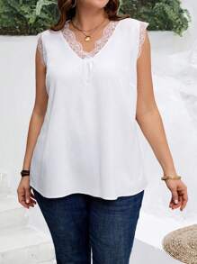 EMERY ROSE Plus Size Women Sleeveless Lace Patchwork Casual Top,Vacation Outfits Woman,Boho For Women - White - View 1