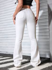 SHEIN ICON Calças Denim Casuais Femininas de Cor Sólida com Botões na Frente e Bolsos - Branco - Visão 3