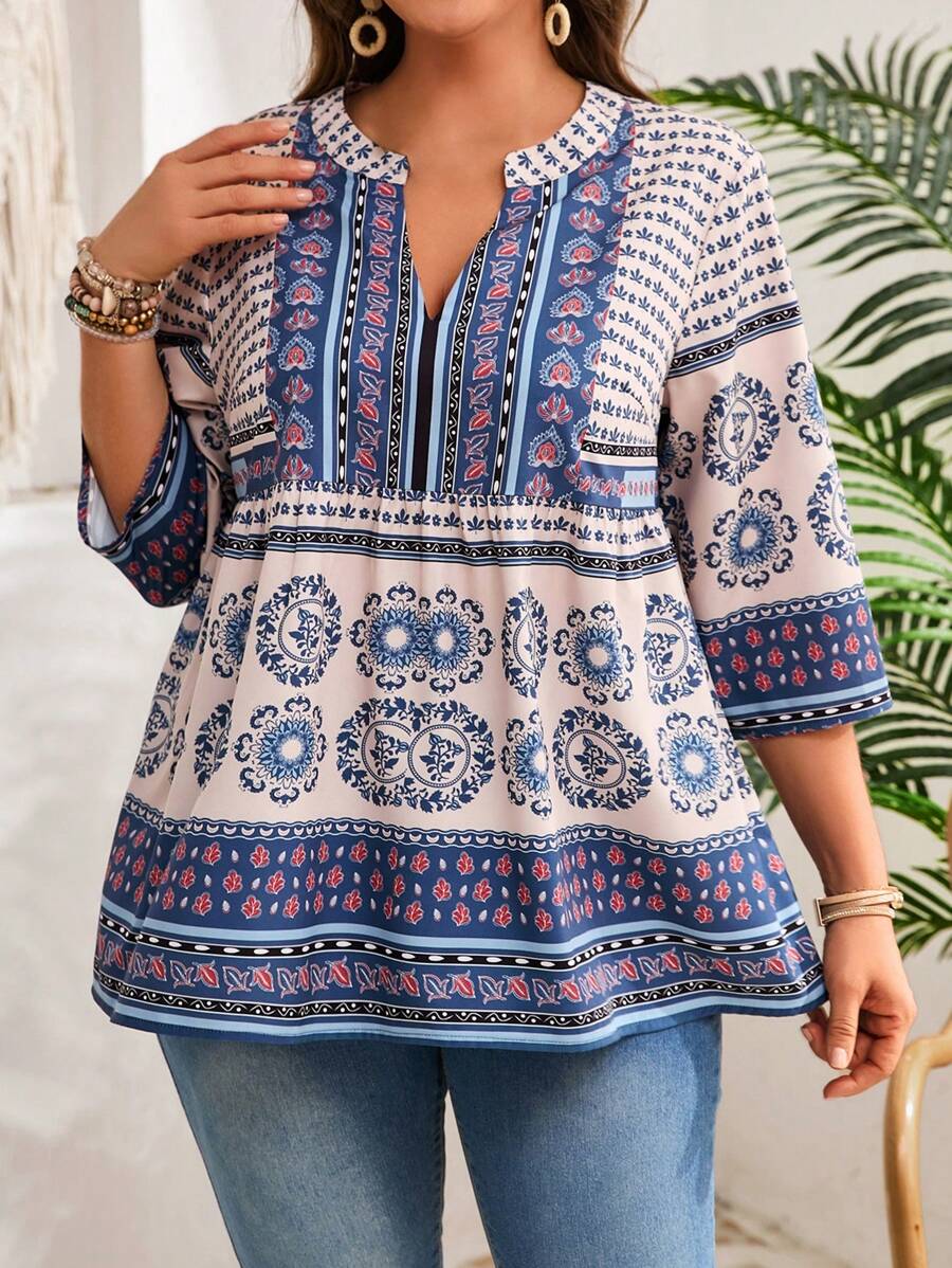 EMERY ROSE 大码V领拼接印花简约休闲衬衫，适合度假女性，夏季穿着 - 彩色 - 查看 1