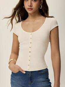 Poéselle 女式纯色前扣短袖简约休闲上衣，日常穿着 - 米色 - 查看 4