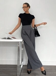 Siren Gaze 深灰色设计阔腿裤女士修身套装宽松高腰垂裆长裤，办公室穿着女士裤子 - 深灰色 - 查看 6