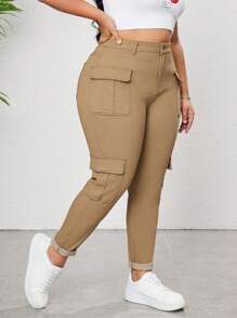 SHEIN CURVE+ Women's Plus Size Khaki Jeans High Stretch Denim Comfortable And Versatile Cargo Pocket Spring And Summer Jeans Slimming Tight Pants - Khaki - View 5