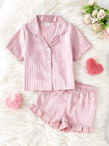 2pcs/Set Little Girls Casual Striped Short Sleeve Cardigan & Ruffle Hem Shorts Set, Loungewear - Pink - View 3