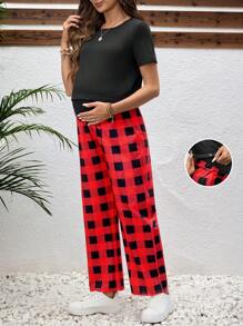 SHEIN 2pcs Maternity Red & Black Plaid Short Sleeve Casual Lounge Wear Set, Suitable For Spring/Summer - Multicolor - View 2