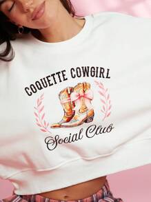 WESTFADE Coquette Cowgirl Social Club Cowboy Boot Graphic Crewneck Cropped Sweatshirt Cowgirl - White - View 2
