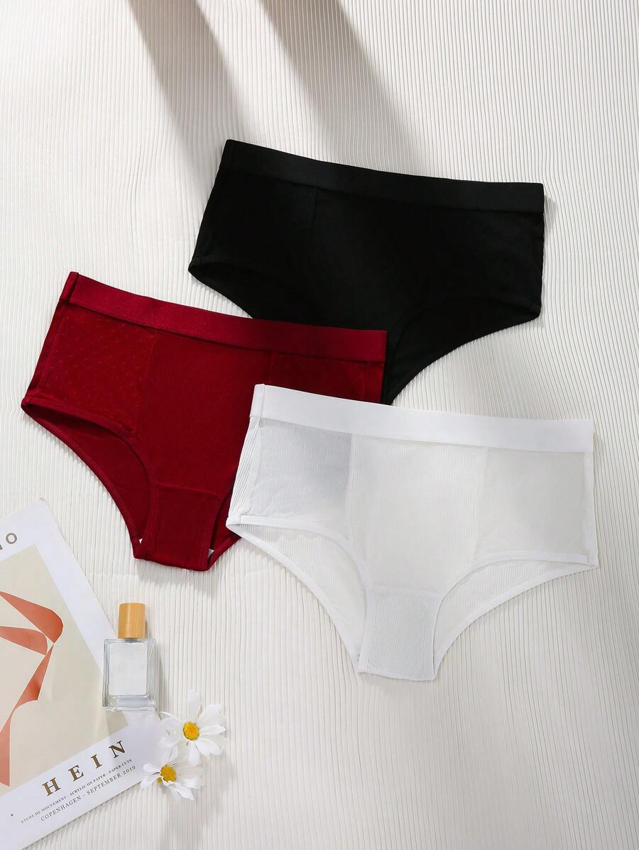 3 cái/gói Quần lót lưới màu trơn lưng thun co giãn - Nhiều màu - Xem 1