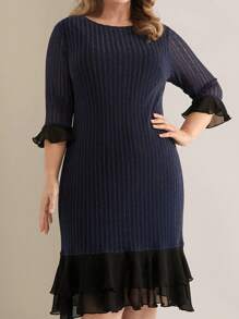 EMERY ROSE Plus Size Elegant Colorblock Striped Patchwork Ruffle Hem Dress - Multicolor - View 6